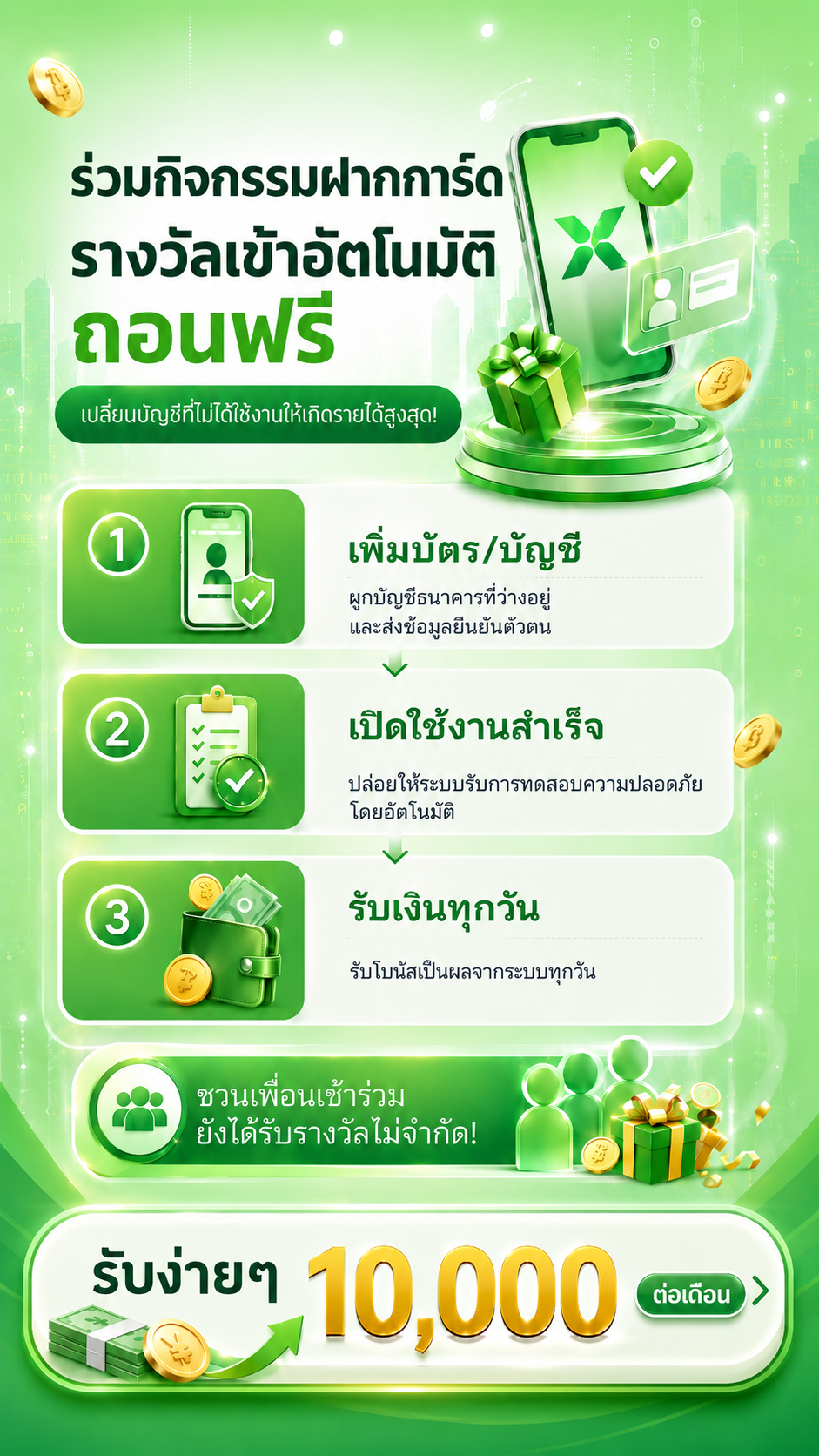 โปสเตอร์ X Money แนะนำขั้นตอนเพิ่มบัญชี เปิดใช้งาน และรับรายได้ พร้อมลิงก์ดาวน์โหลดแอป